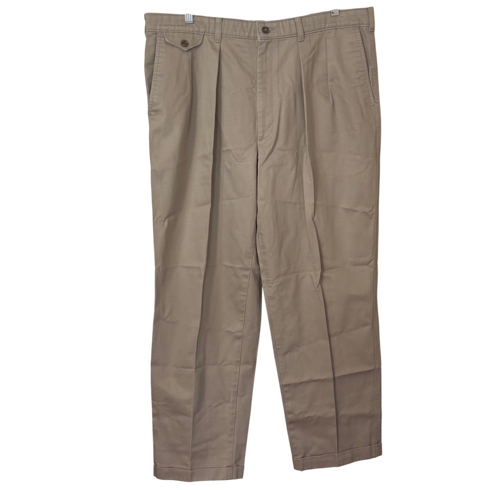 Savane Mens Pleated Khaki Beige Cotton Blend Dress Pants No Wrinkles No Stains